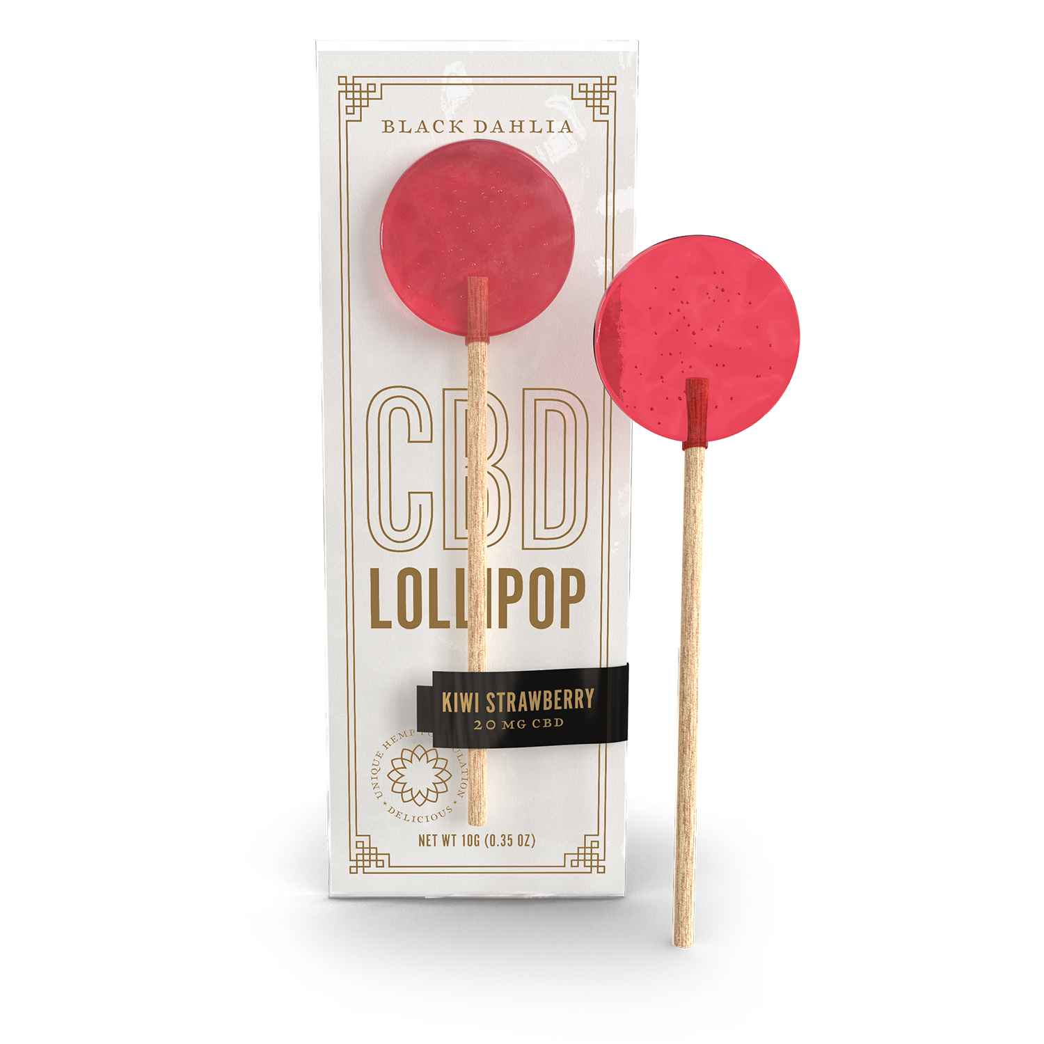 Black Dahlia CBD lollipops, kiwi strawberry flavor; red-pink round lollipops on sticks