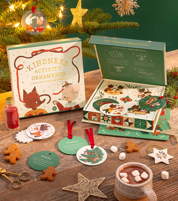 Kindness Activity Ornaments gift set with open box, cards, and round animal ornaments.