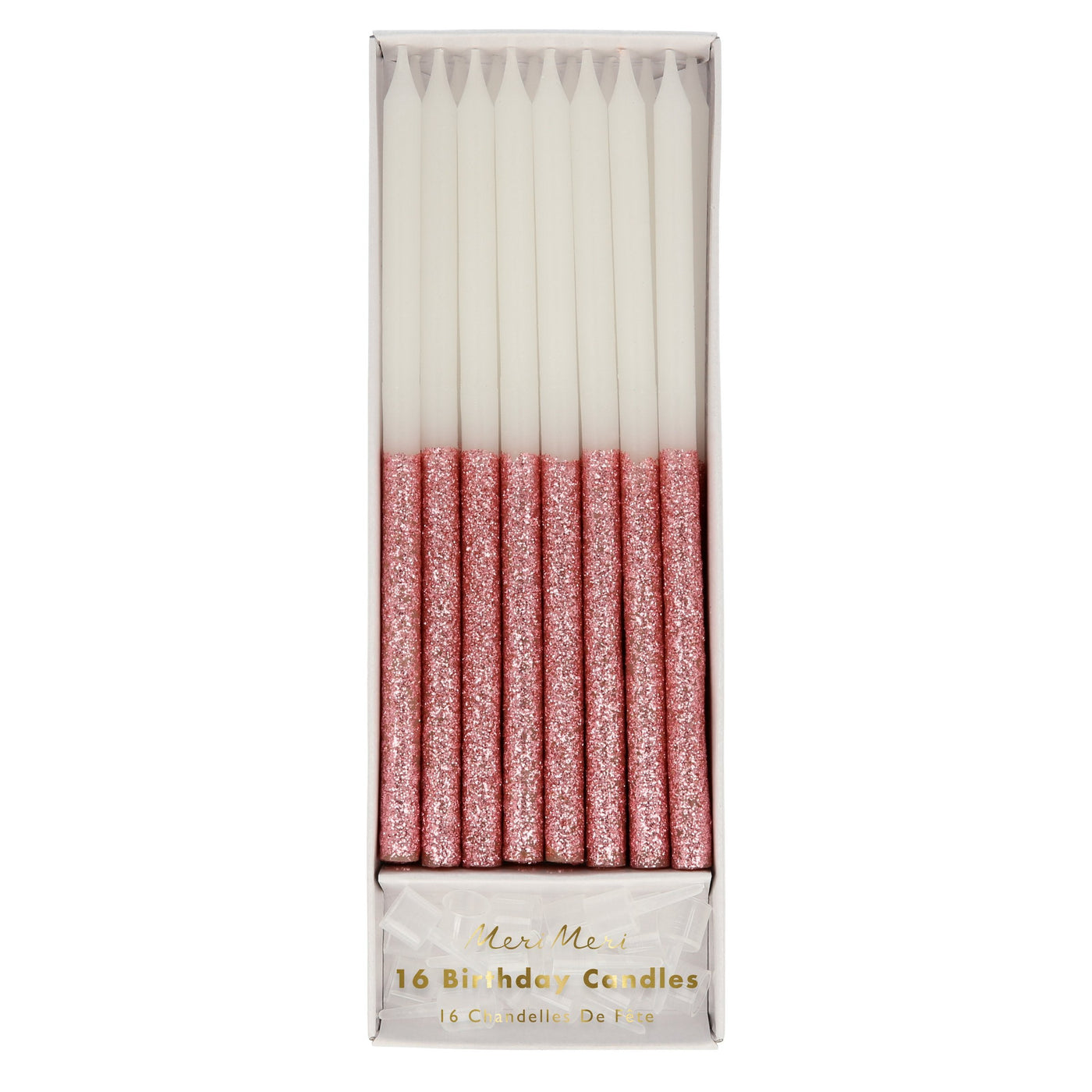 Set of 16 birthday dipped candles in a gift box, white w/ dusty pink glitter tips