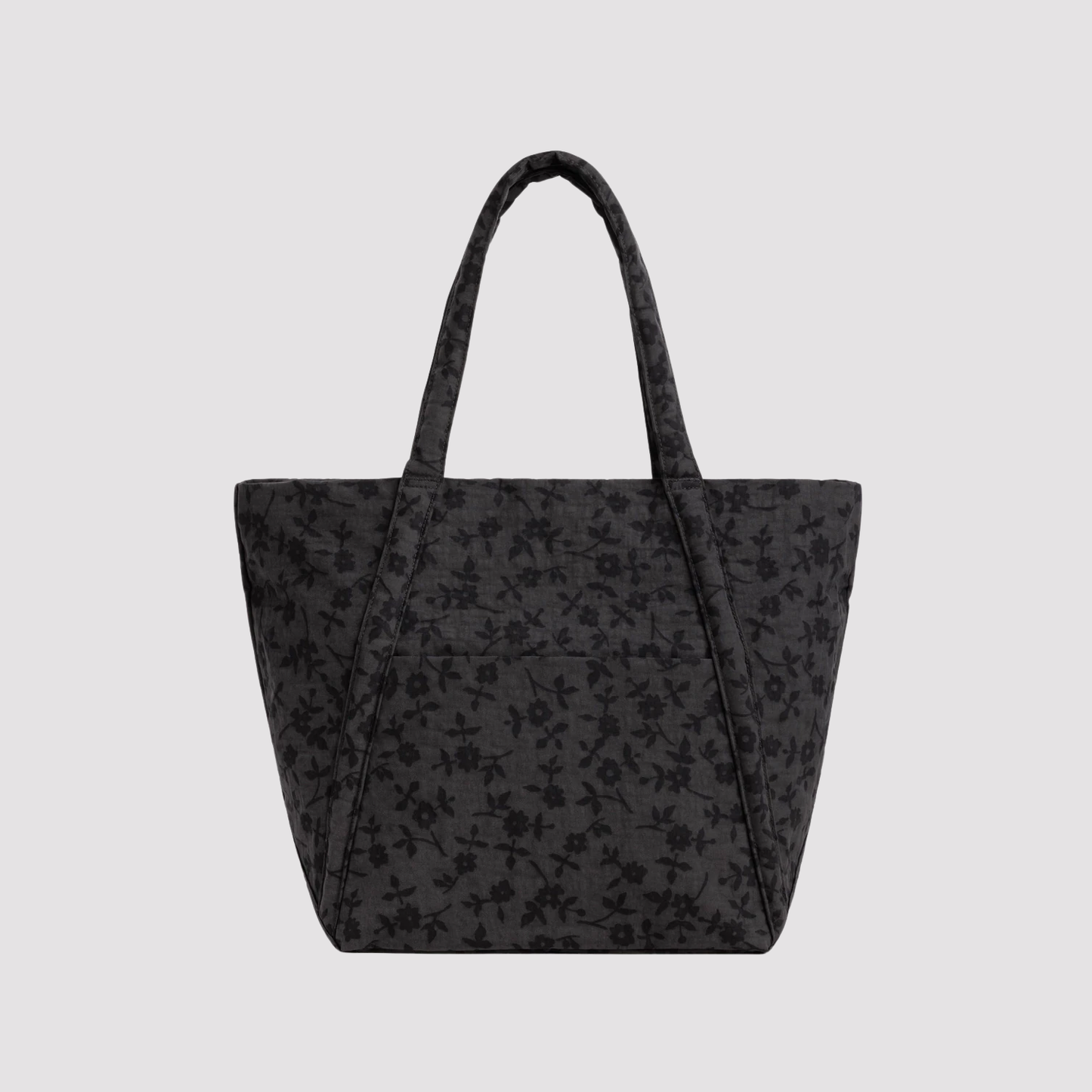Dark gray floral tote bag with two top handles and an open rectangular shape.
