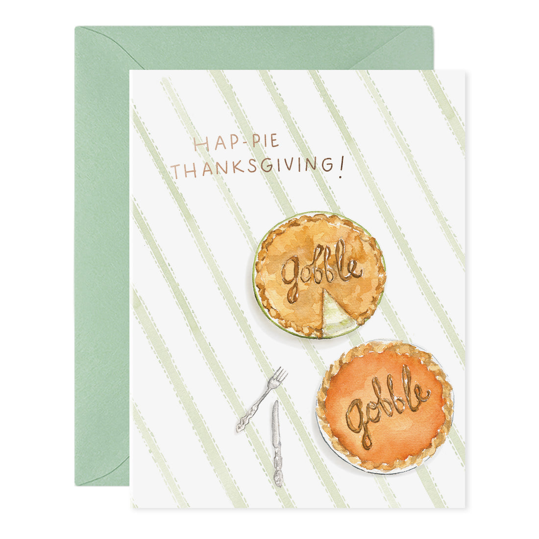 Thanksgiving pie greeting card with 'Happy Thanksgiving!' and two pie illustrations