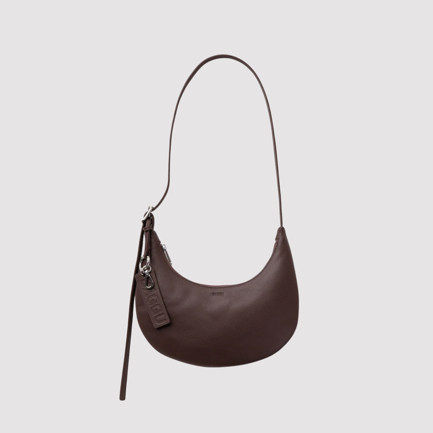 Brown recycled leather crescent hobo bag with zip-top and hanging strap pull