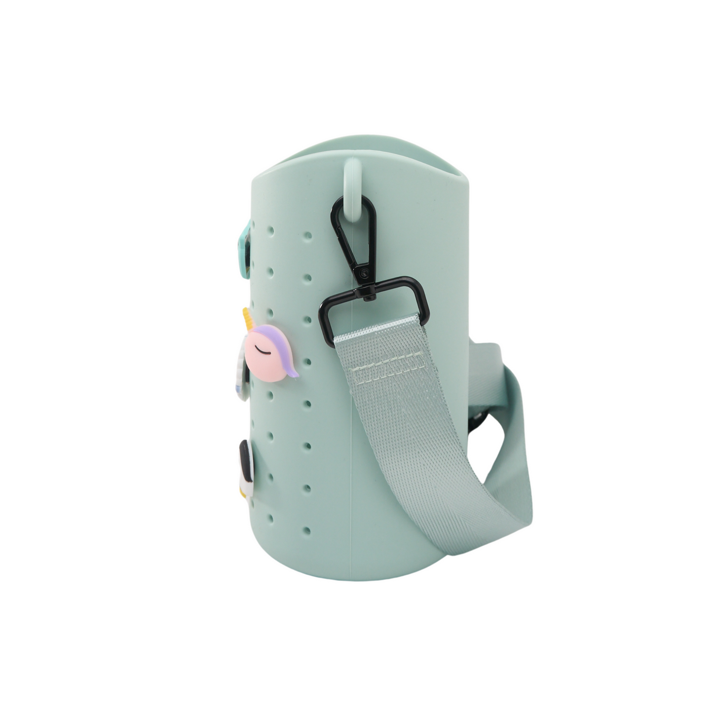 Koala-themed mint green sling bag side view with adjustable gray strap and clip