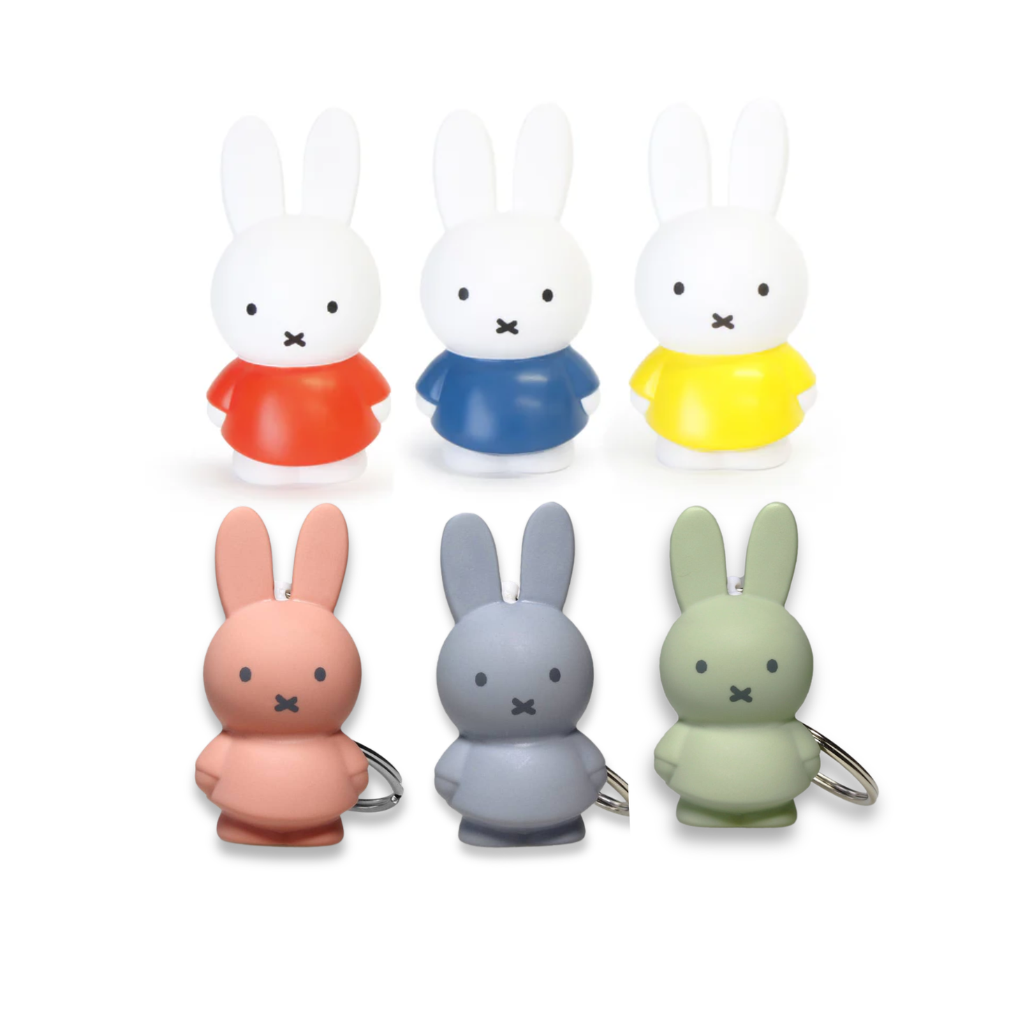 Set of Miffy rabbit keychains in red, blue, yellow, pink, gray, and green with metal rings
