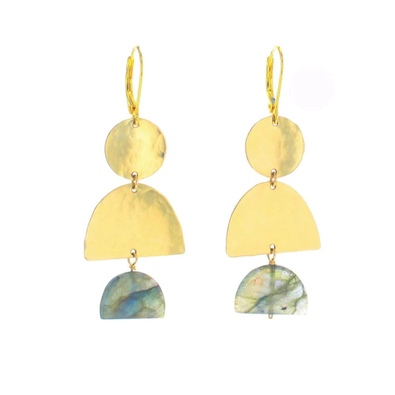 Gold-tone drop earrings with labradorite teardrop, two stacked gold discs.