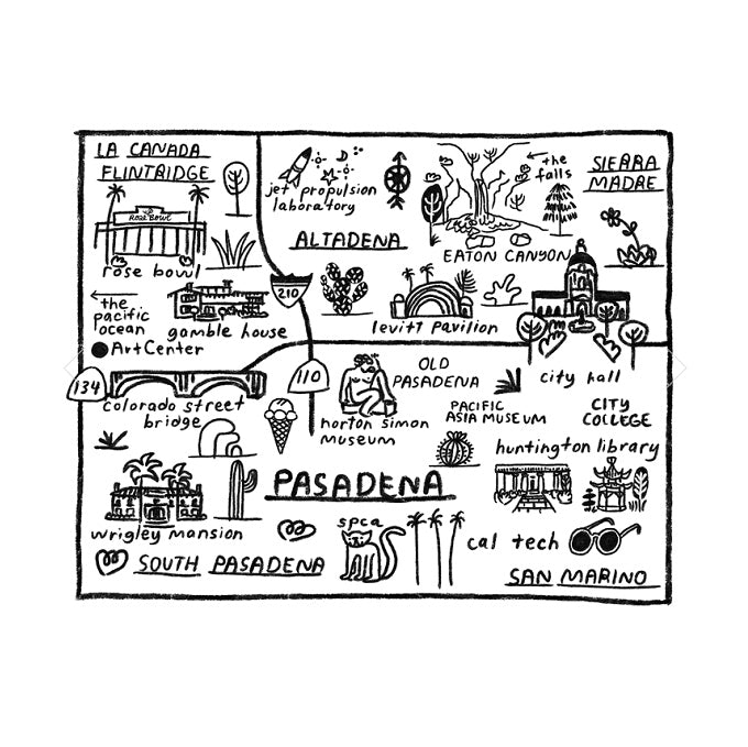 Pasadena map-themed wall art print with black line drawings on white background
