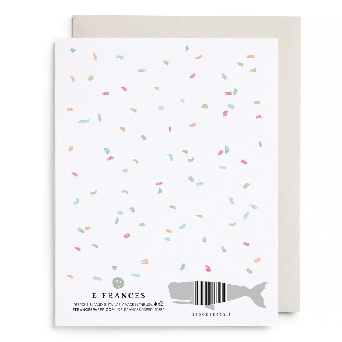 Mazel Tov greeting card back with confetti dots, “E.F. FRANCES” text, and barcode