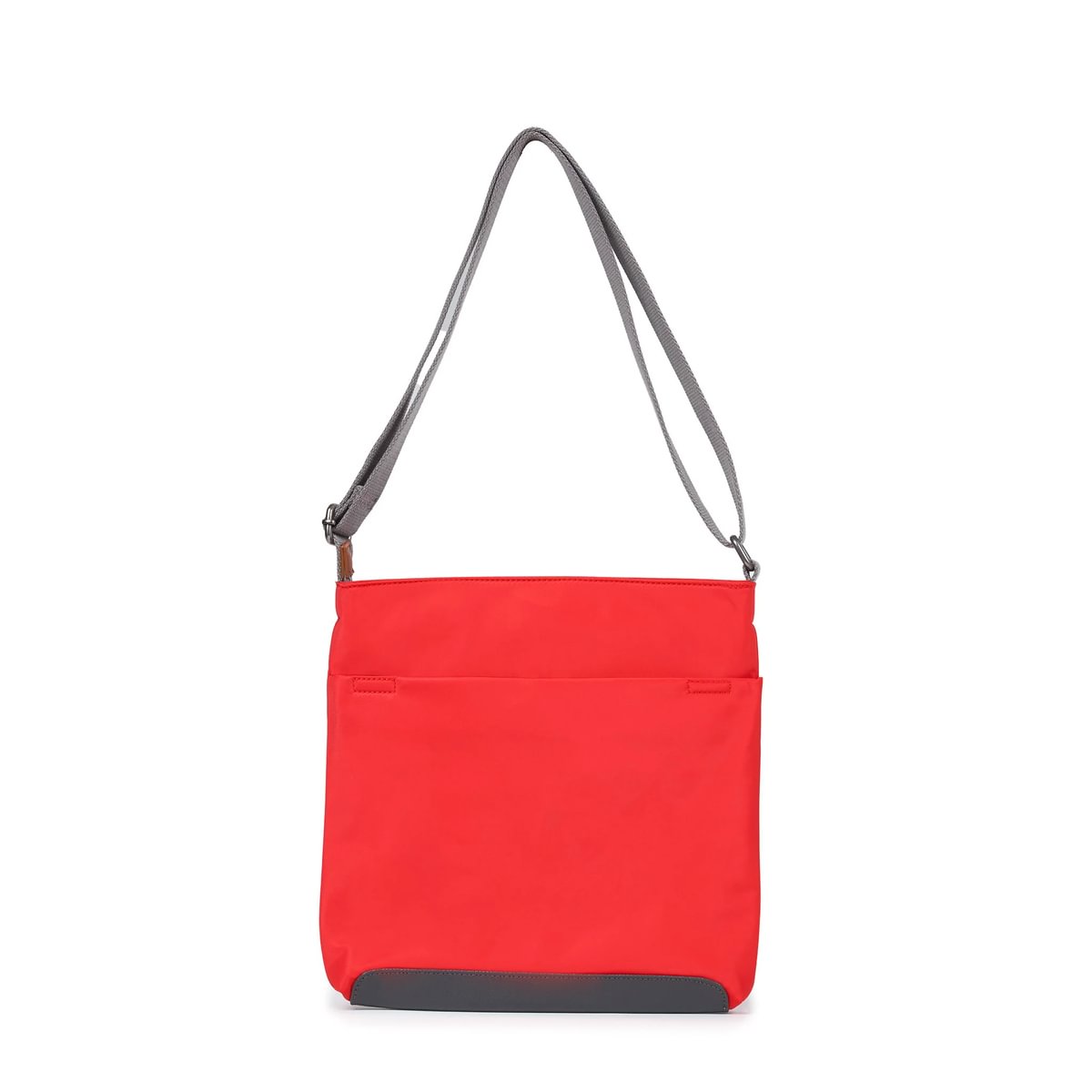 Red nylon crossbody bag with gray strap, front flap pocket, and logo patch