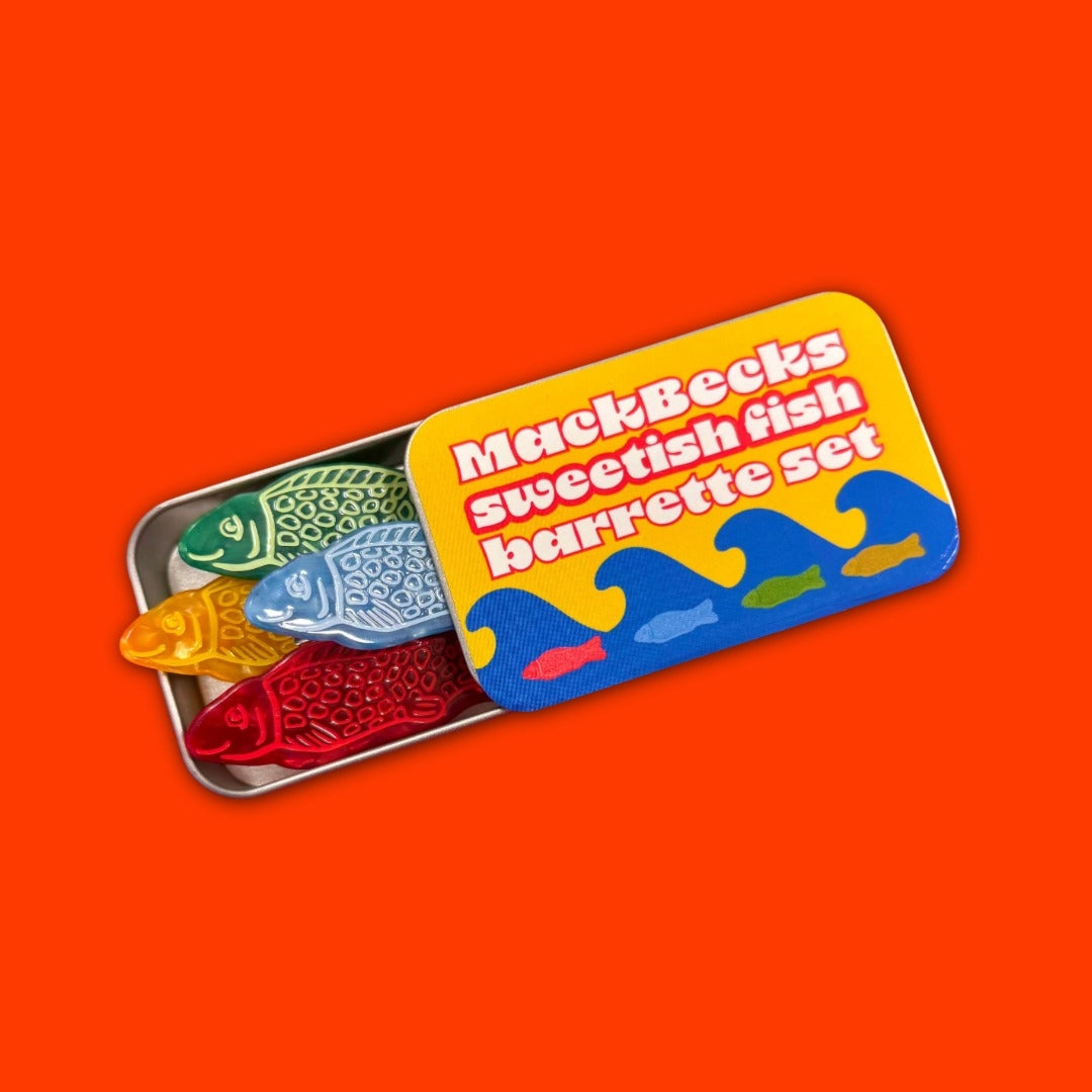 Fish barrette set in metal tin with multicolor fish hair clips