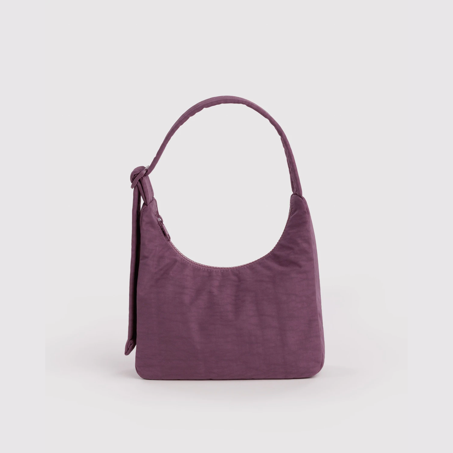 Mini nylon shoulder bag in plum, curved hobo shape with top handle