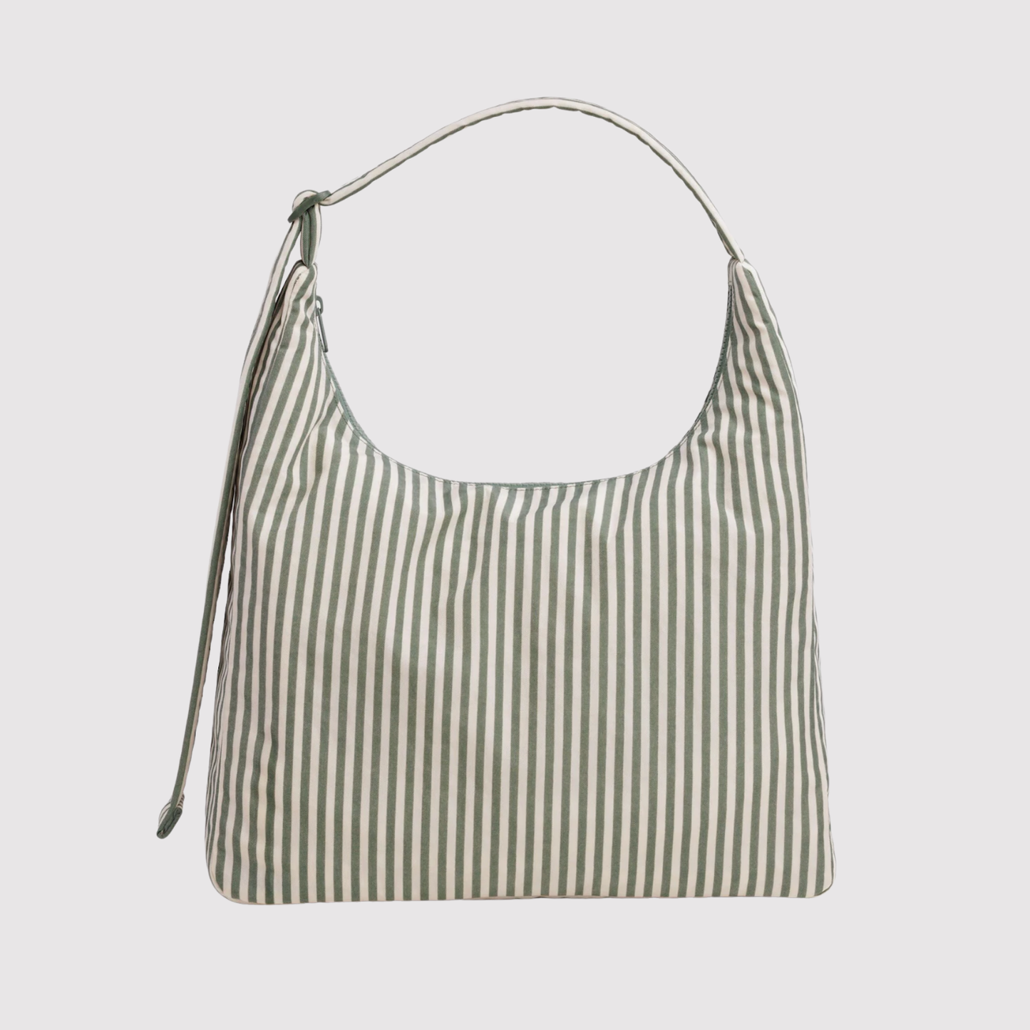 Green striped nylon shoulder bag with zip-top opening and hanging side tie.