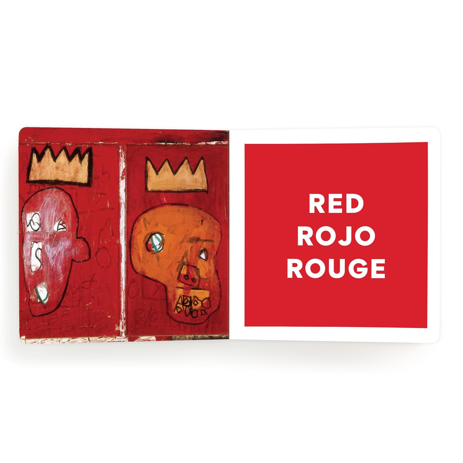 Board book open spread with red artwork and RED ROJO ROUGE color panel