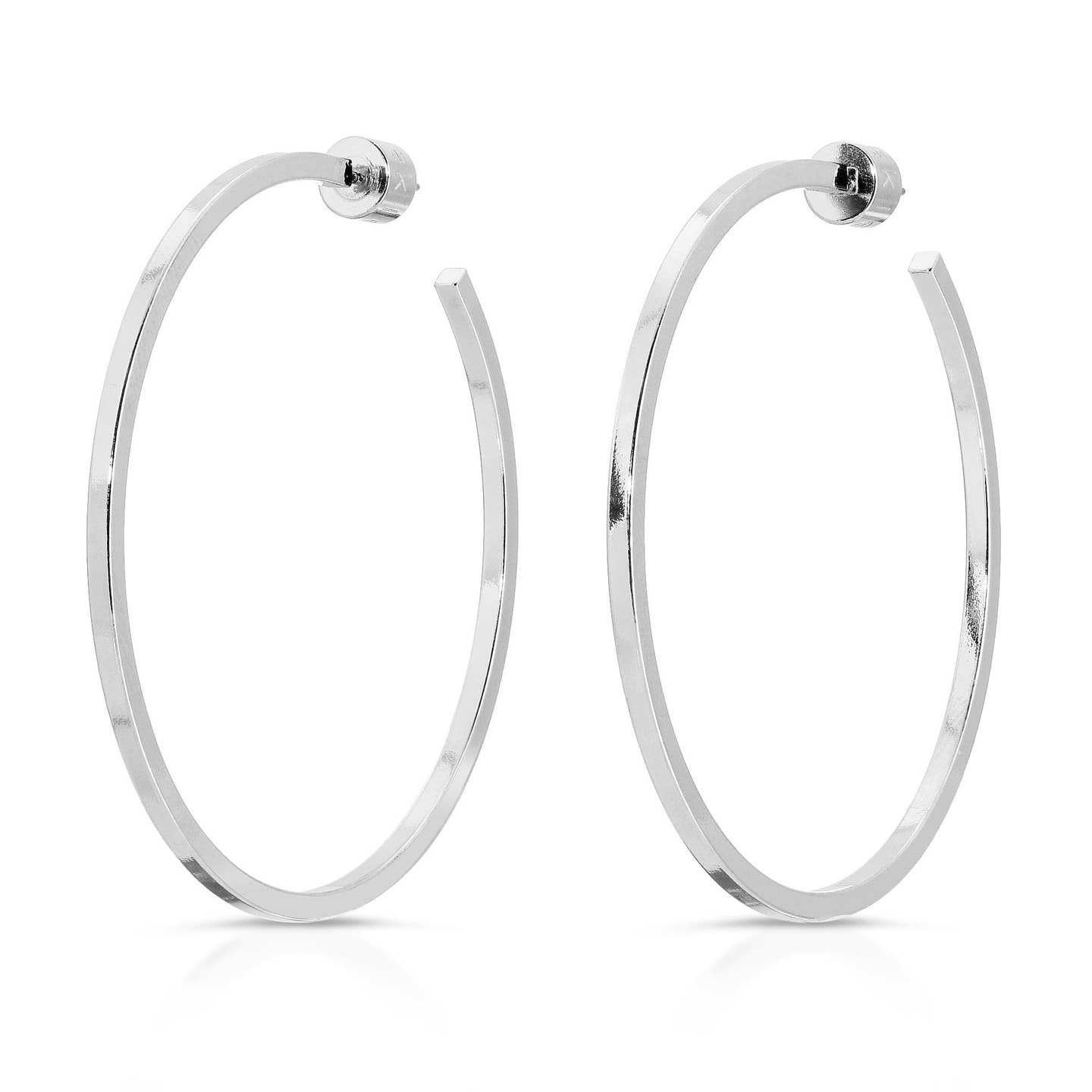 Rhodium-plated 2-inch square wire hoop earrings with hinged closure, polished silver finish