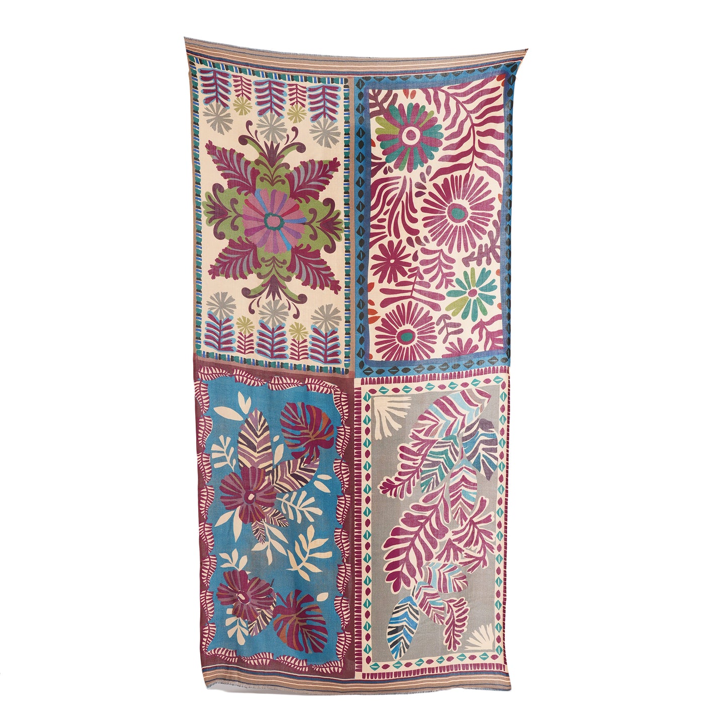 Wool kantha-style scarf with taupe border and colorful floral patchwork panels
