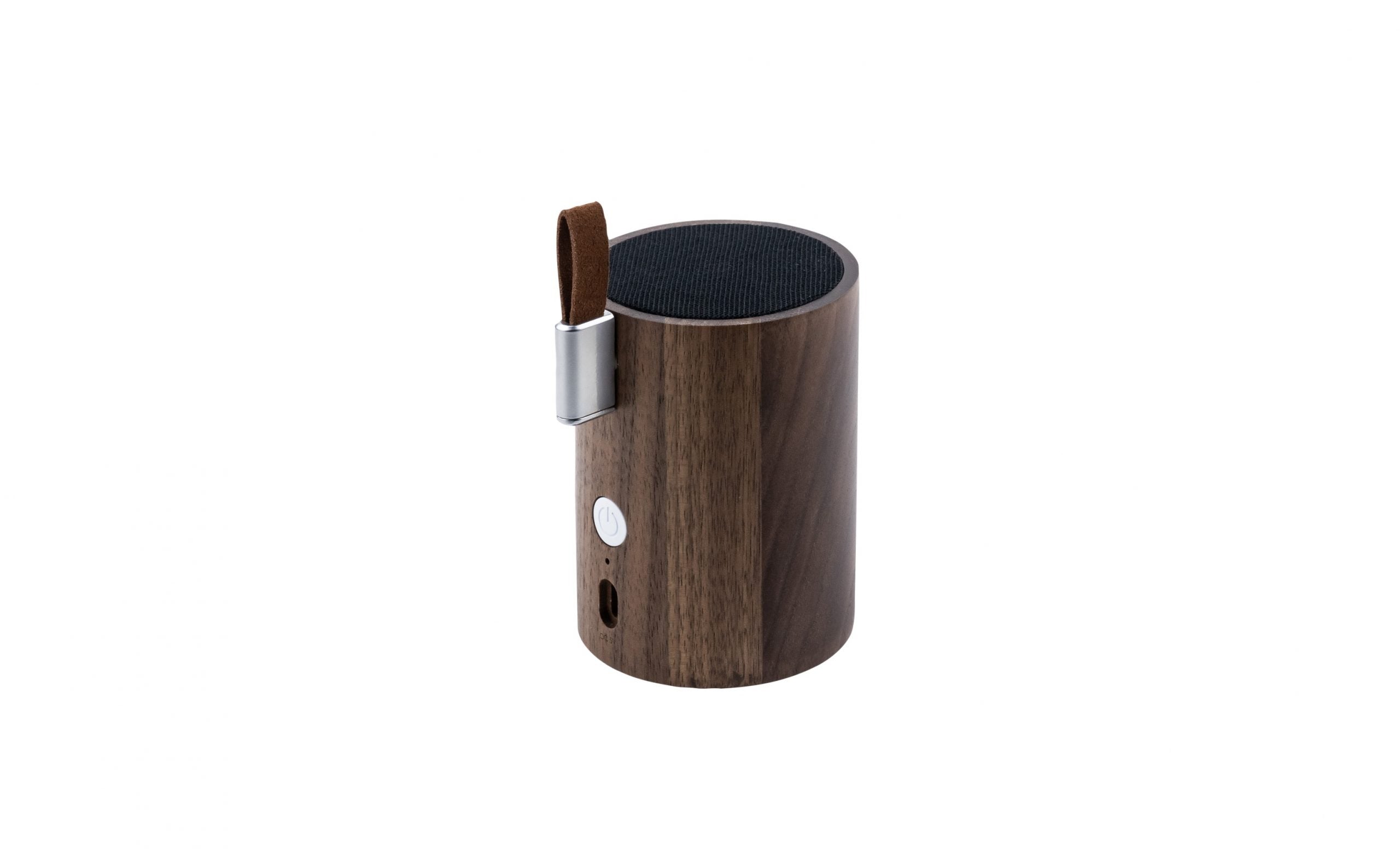 Walnut wood drum-style Bluetooth speaker with fabric top and metal side latch