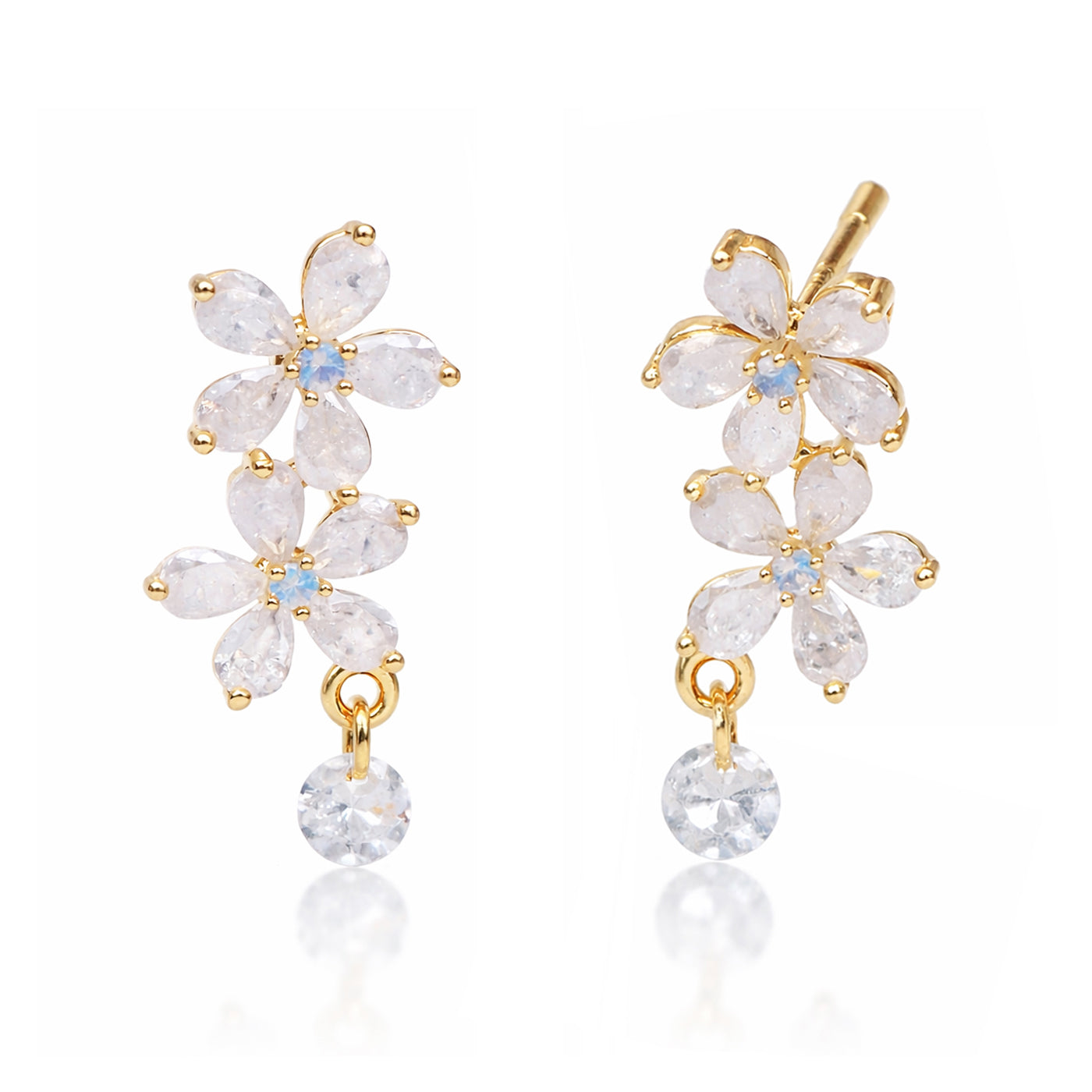 Gold double flower stud earrings with pear-shaped CZ drops and dangling teardrop stone