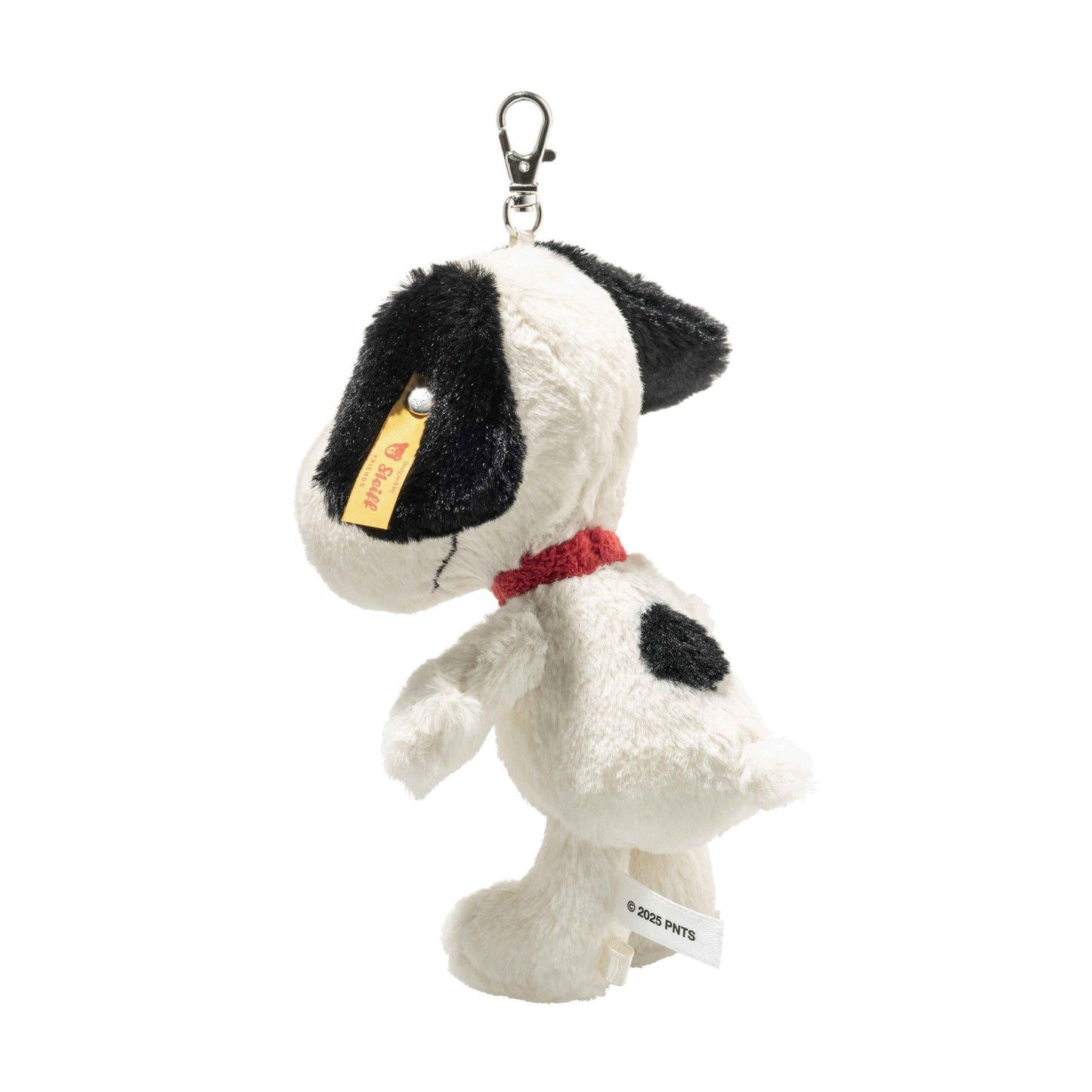 Plush Snoopy bag charm pendant, metal keyring, three-quarter view with red collar