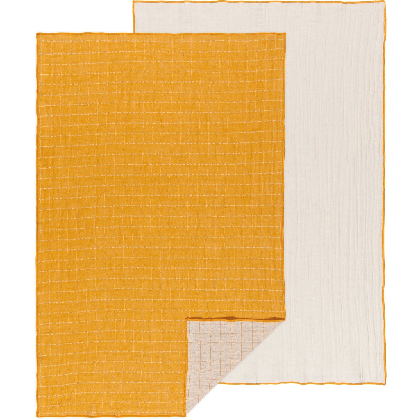 Double-weave dishtowel set of 2 in golden orange and white, textured grid weave.