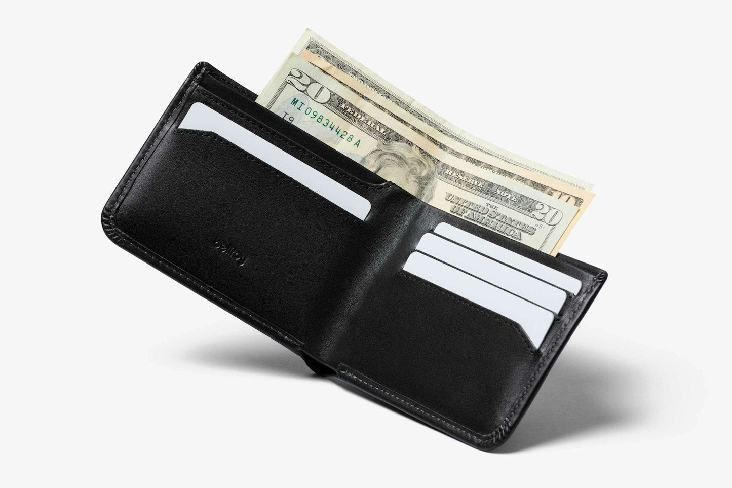 Black leather wallet open with ID window, card slots, and bill pocket