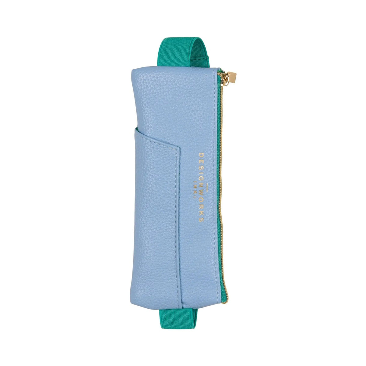 Light blue vegan leather pen pouch with green elastic strap and top zipper
