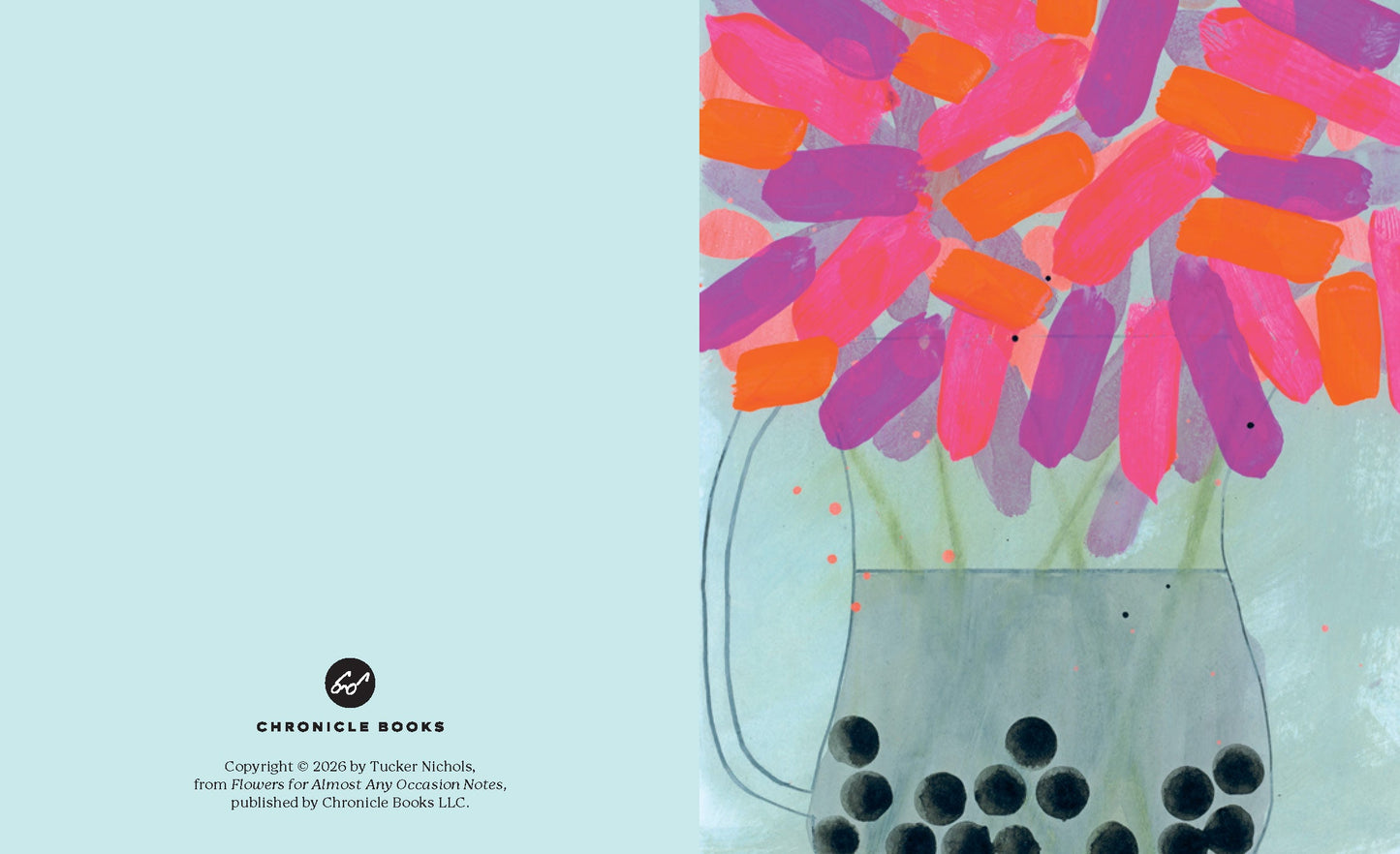 Light blue page with a gray vase and close-up colorful flower petals and leaves