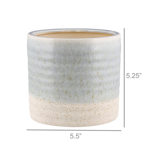 Medium ceramic cachepot, 5.5 in wide x 5.25 in tall, speckled blue-gray and beige