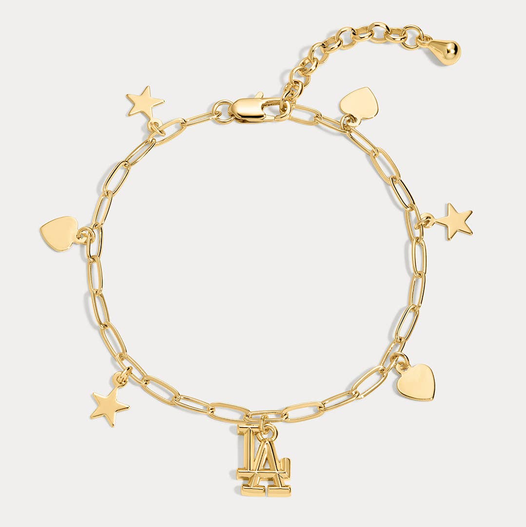 Gold charm bracelet with heart and star charms and LA logo