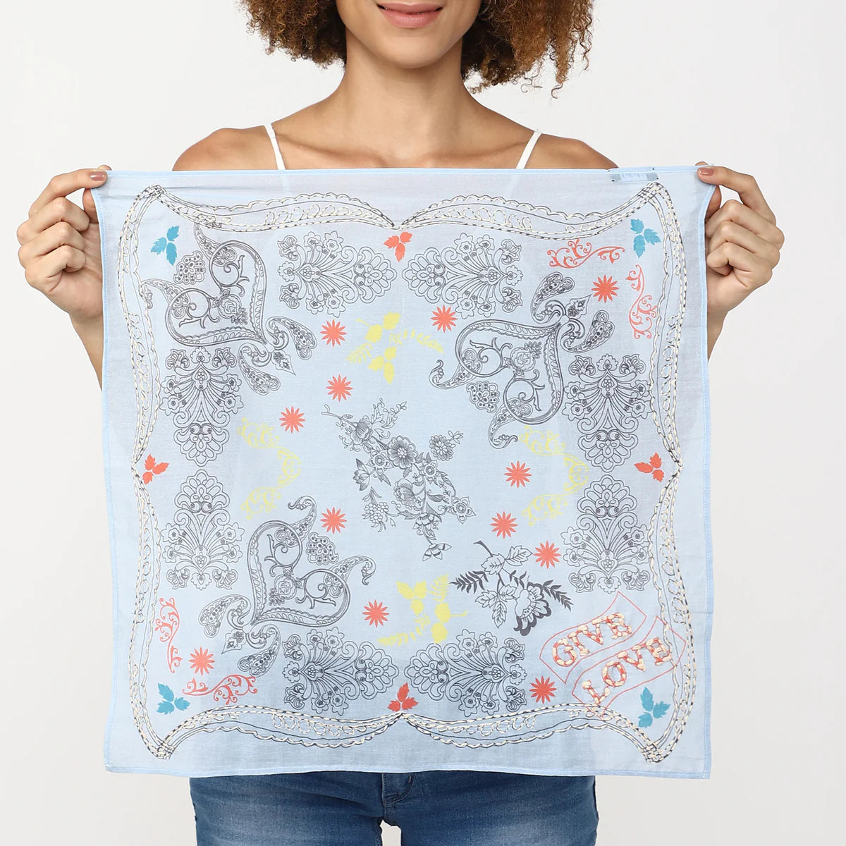 Light blue embroidered bandana with multicolor floral paisley pattern and 'LOVE' corner