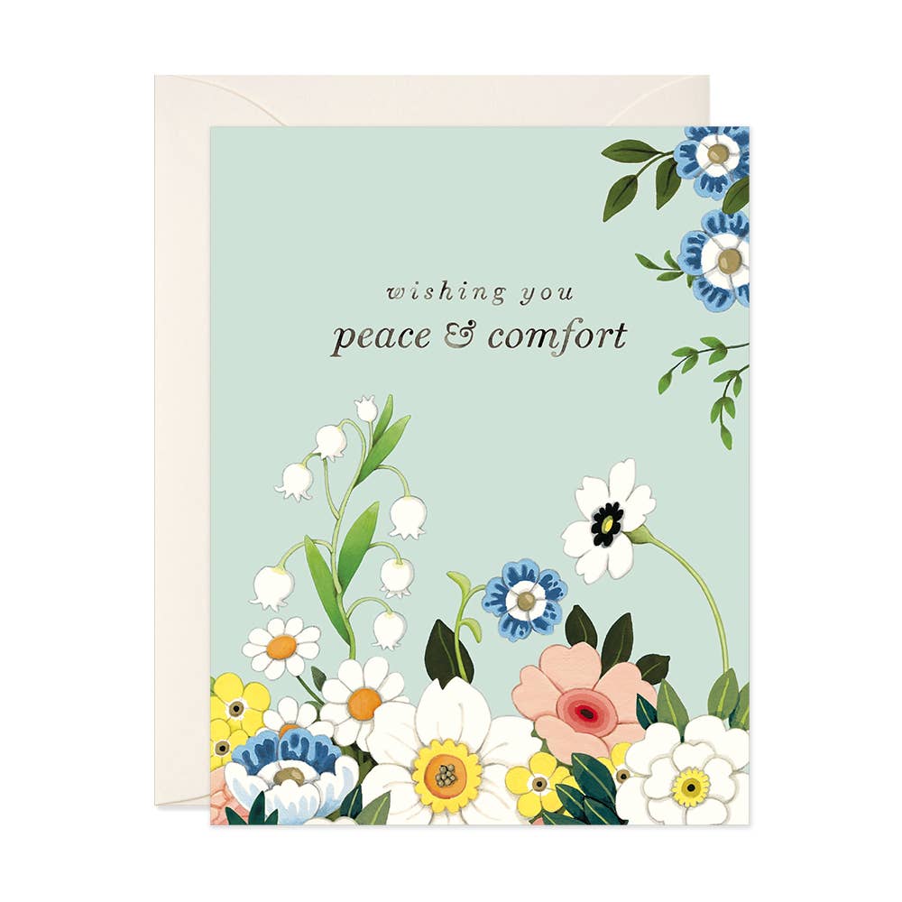 Floral greeting card: wishing you peace & comfort, pastel blue white pink flowers