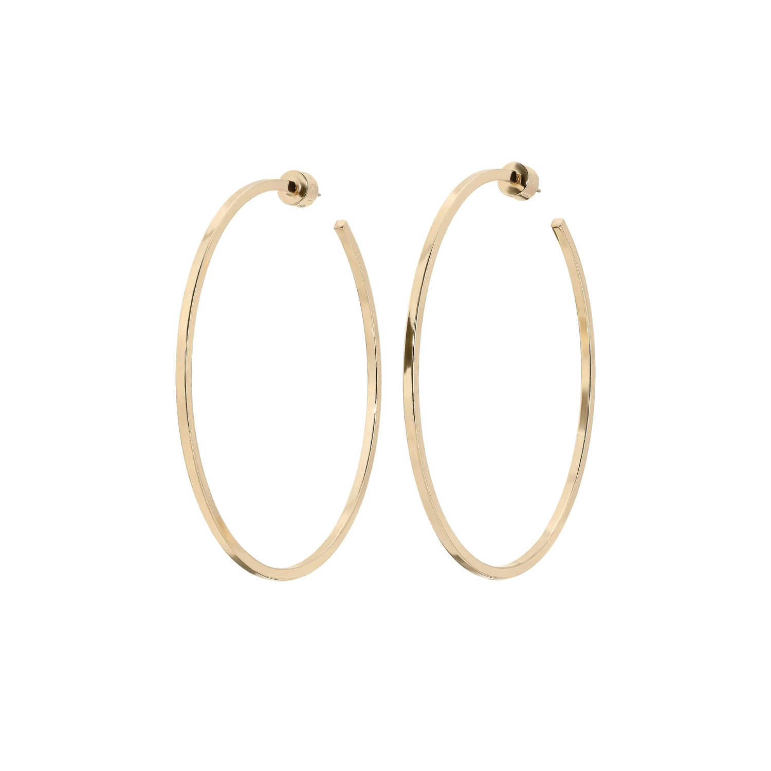 Gold 3-inch square wire hoop earrings with round clasp posts, pair