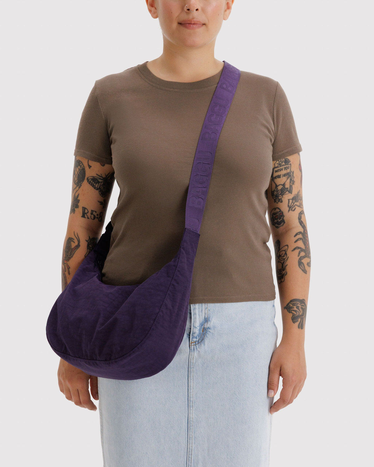 Medium crescent nylon bag, deep purple, crossbody carry with long strap