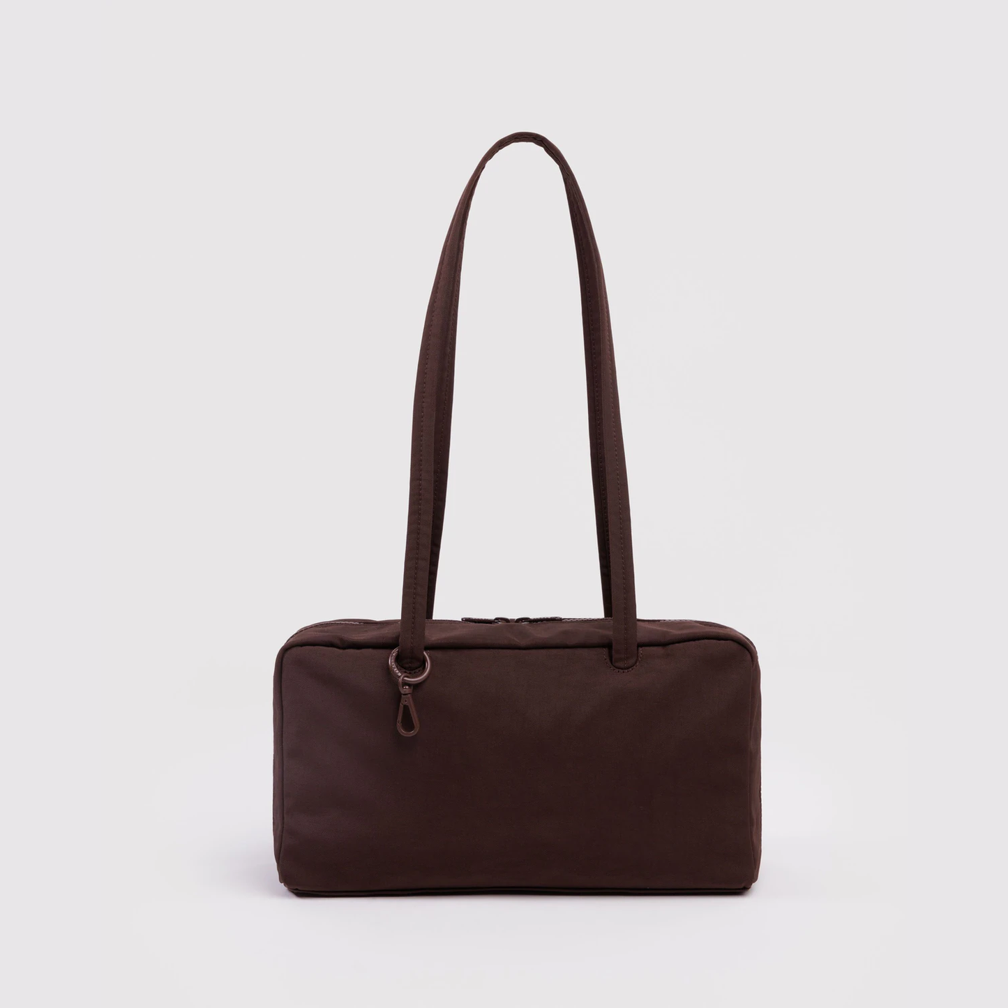 Dark brown nylon bowler bag with top zipper and short carry handles