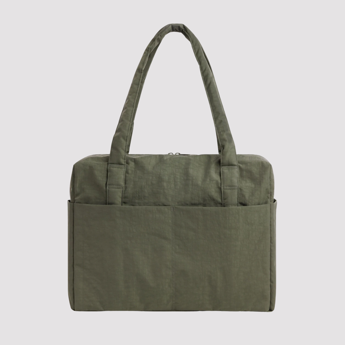 Carry-on bag in olive green with top handle and wide zip front pocket