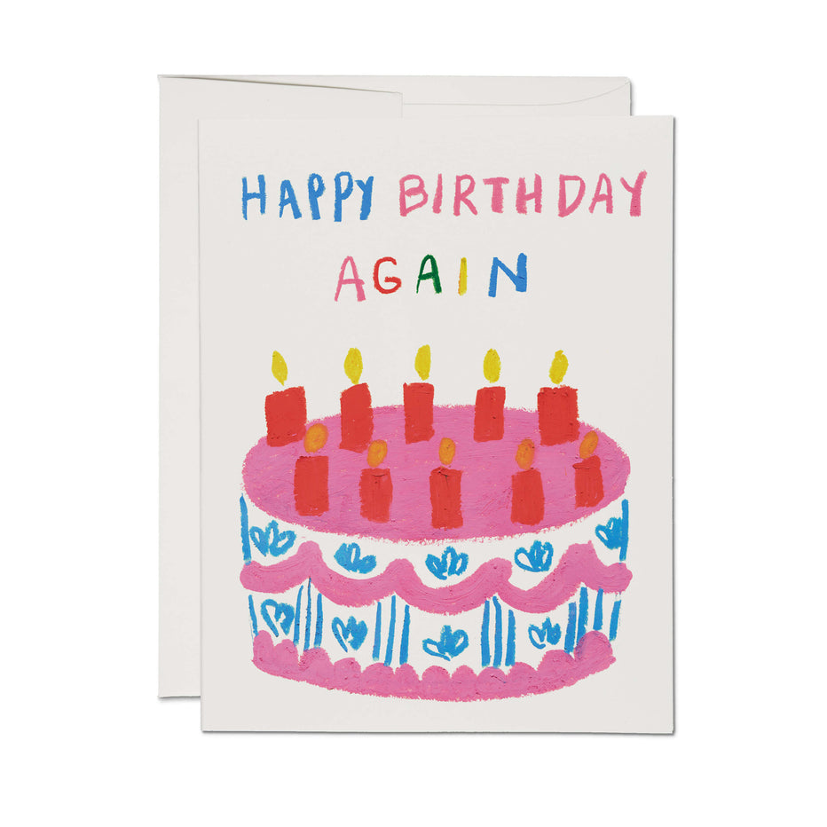 Birthday card with colorful cake illustration and message “Happy Birthday Again”
