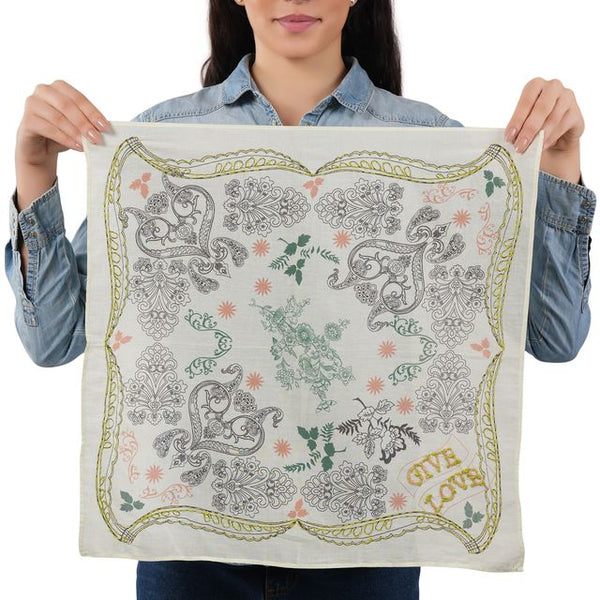 Cream embroidered bandana with green border, gray floral paisley pattern, 'LOVE' text