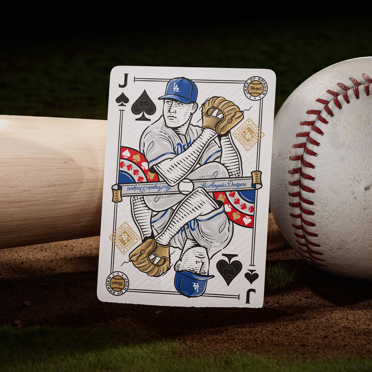 Baseball-themed playing card showing J of spades with Dodgers player illustration