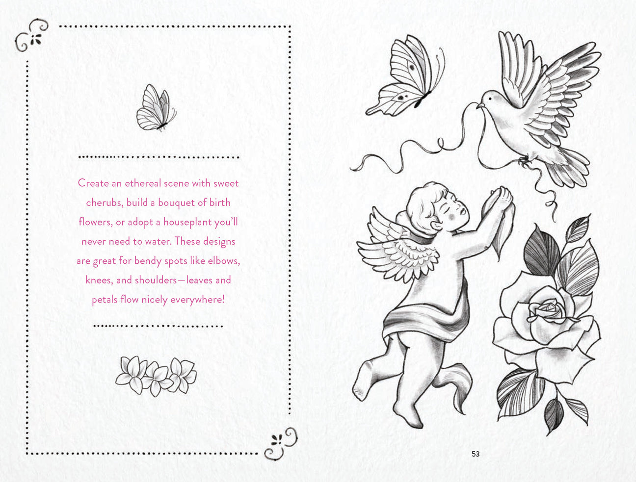 Black-and-white tattoo page with cherub, bird, roses, and caption text box