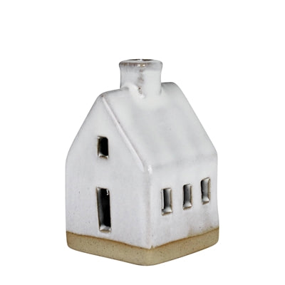 Ceramic cottage, white house decor with small side window cutouts and chimney