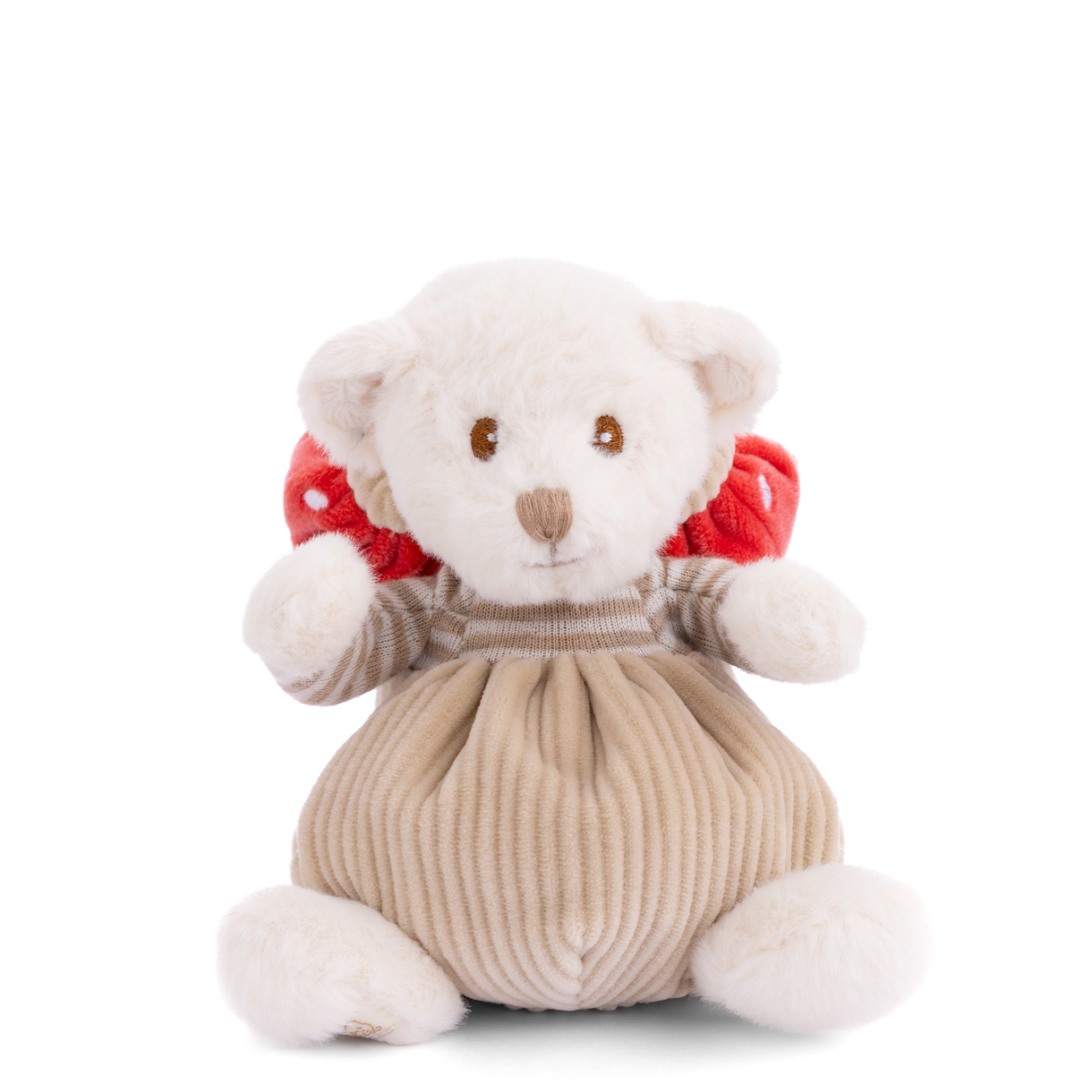 Plush bear toy with white face, red mushroom cap, beige striped sweater and pants
