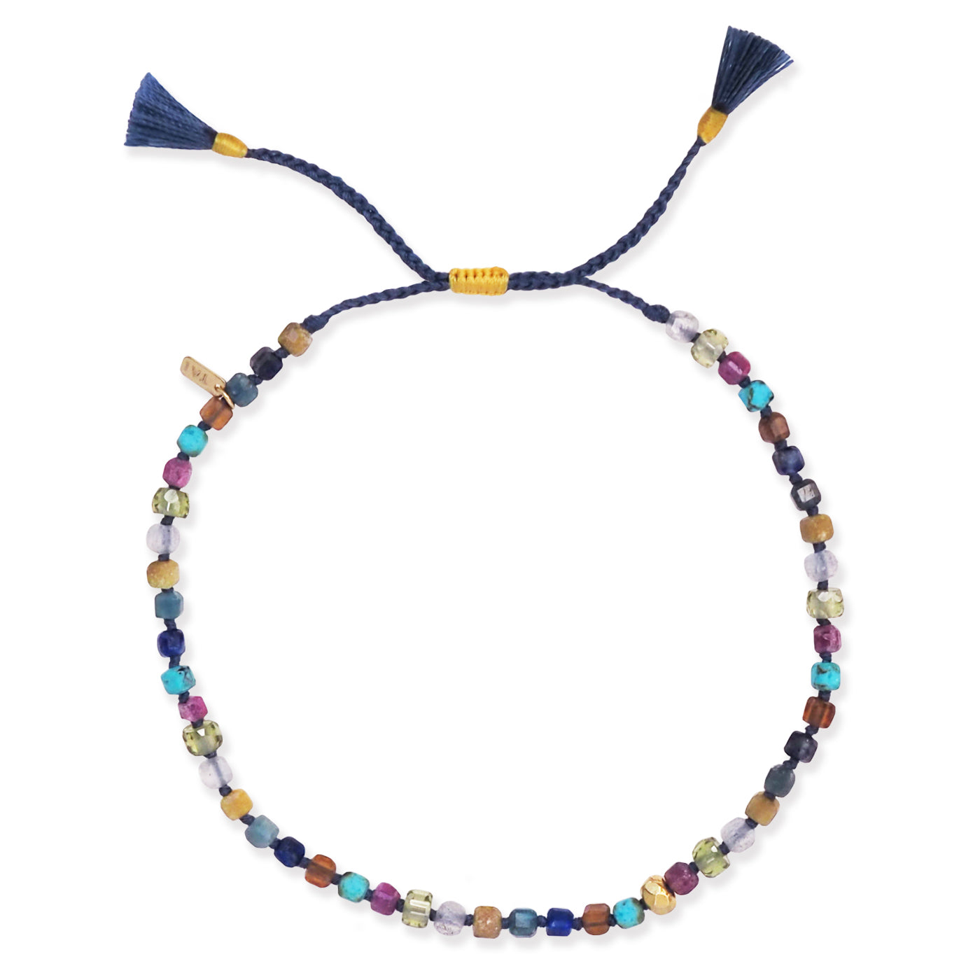 Multistone beaded bracelet on navy cord with small knots and gold accents, tassel ends