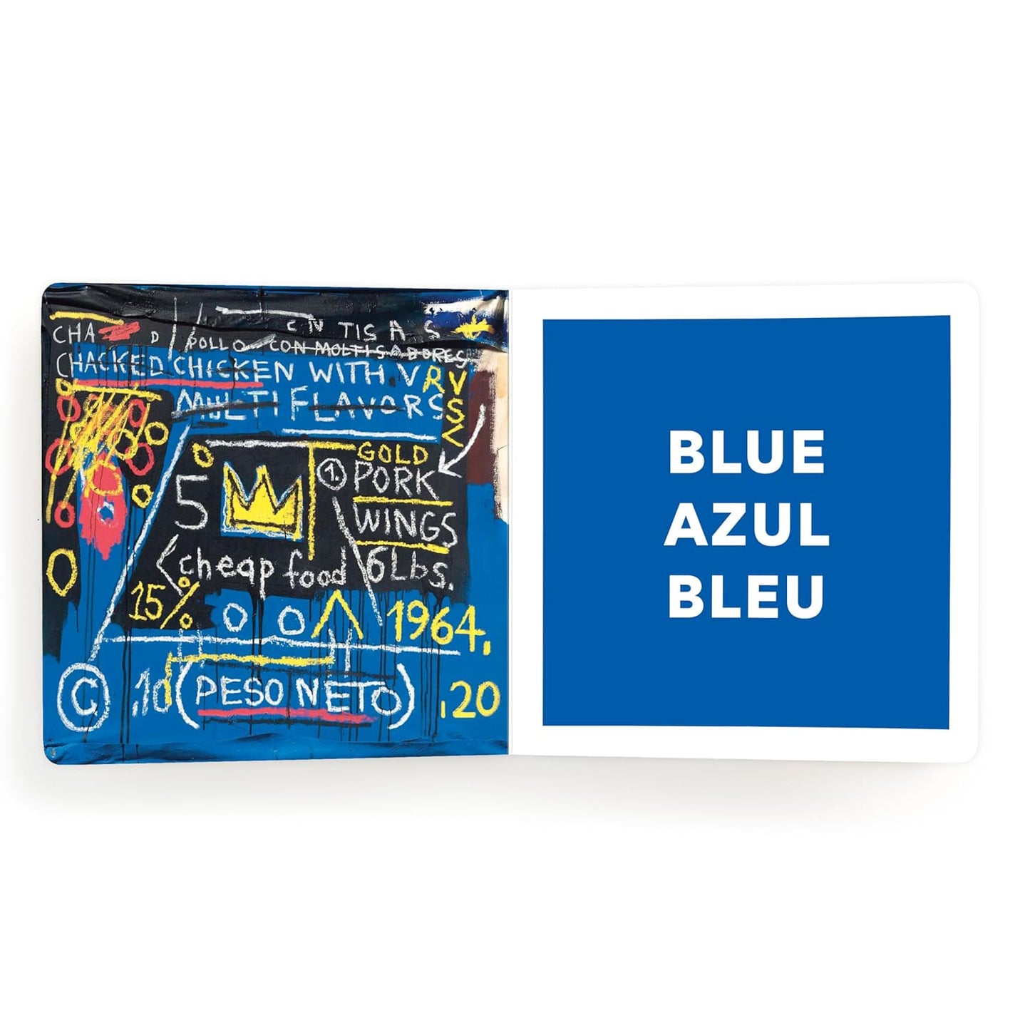 Board book open spread with blue collage artwork and BLUE AZUL BLEU color panel
