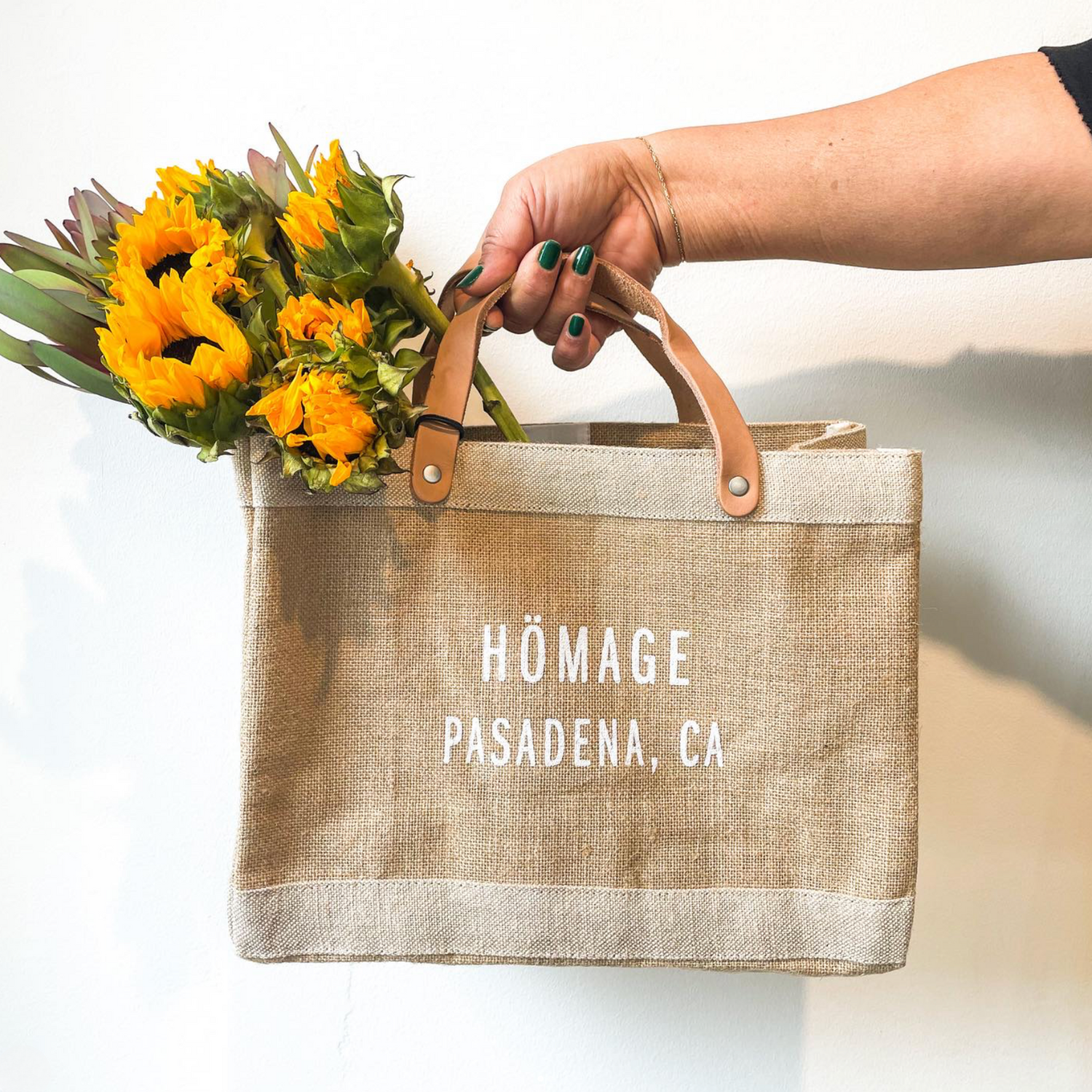 Homage petite market bag, natural canvas, leather handles, 'HOMAGE PASADENA, CA'.