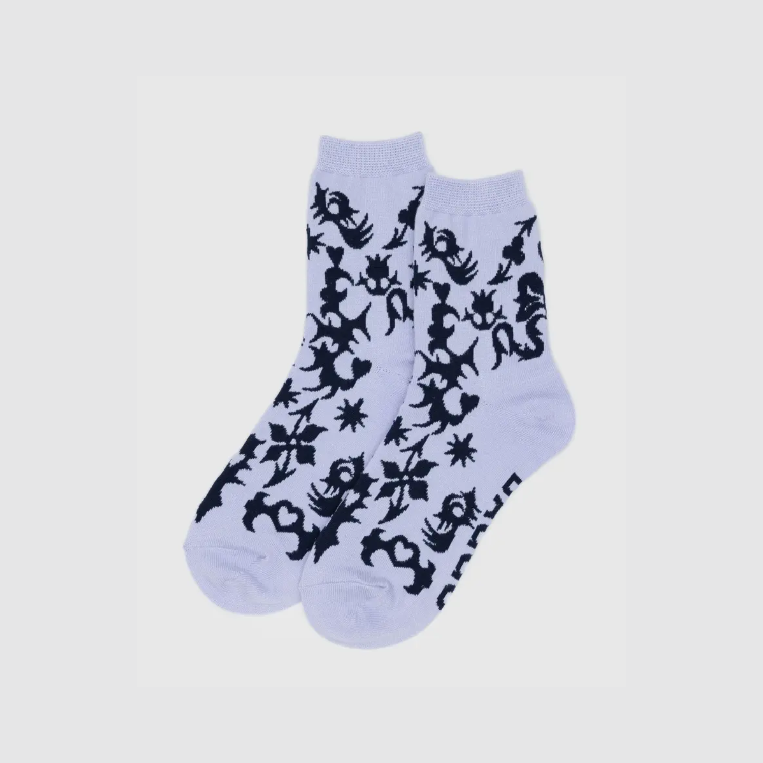 Crew socks in light blue with black insect silhouette pattern, two-pack