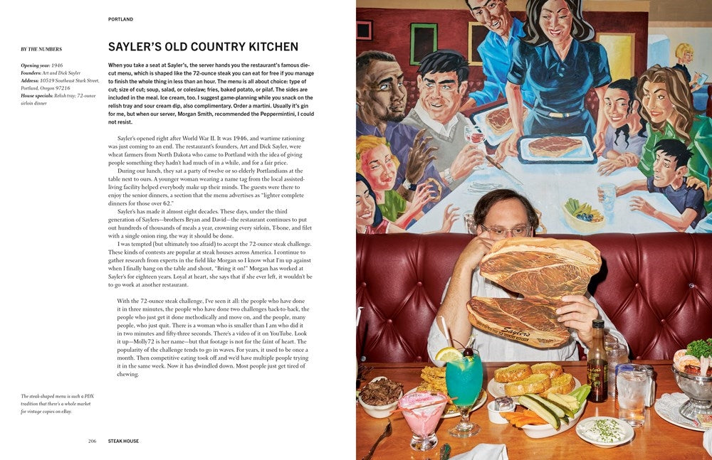 Open cookbook spread with a person holding a large bread loaf at a meal