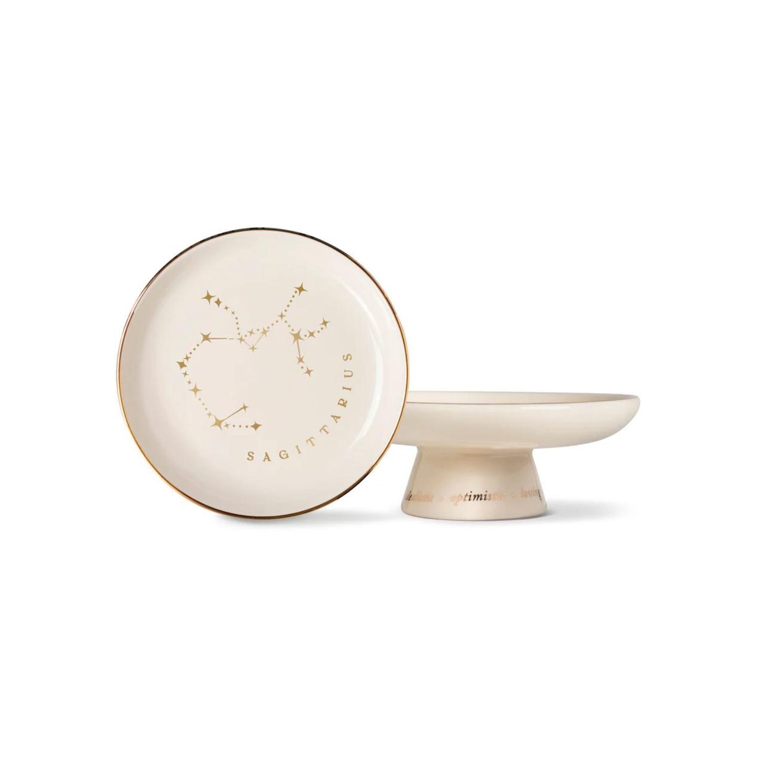Cream round tray with gold Sagittarius star sign on plate and matching pedestal stand