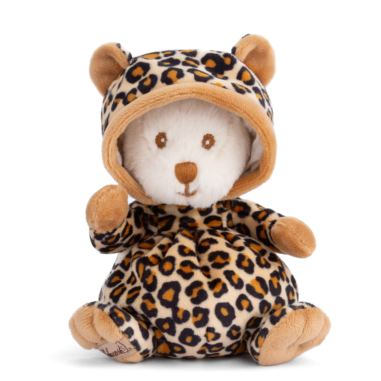 Leopard-print plush toy in a hooded bear-eared outfit with teddy face