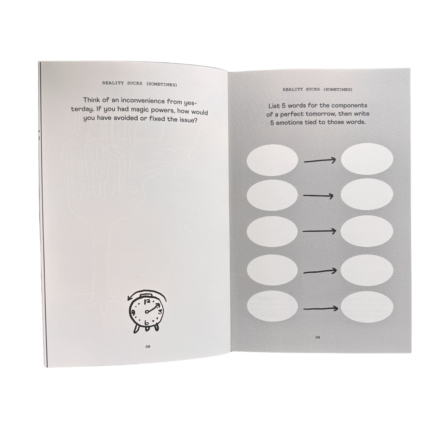 Open journal spread with guide text and circular diagram bubble prompts