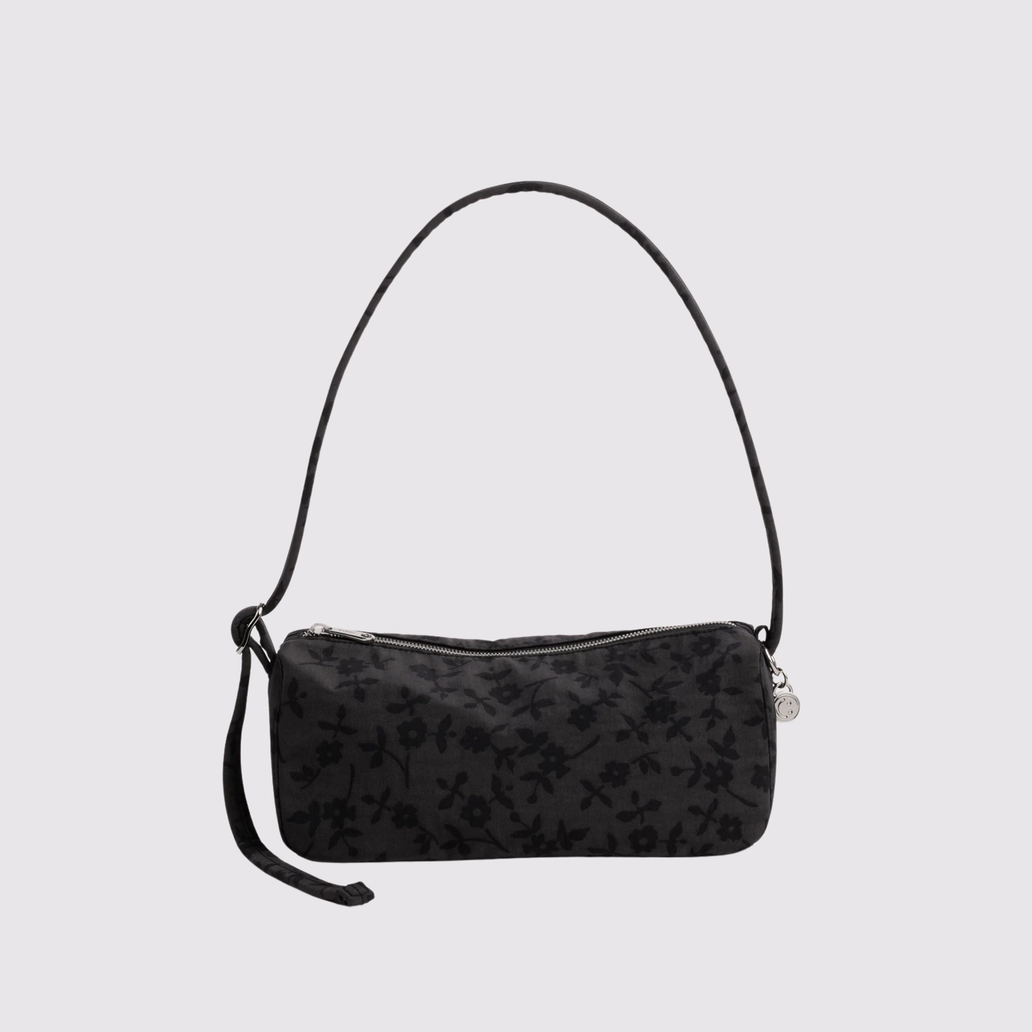 Black nylon loaf bag with zip-top and curved top handle, crossbody strap included