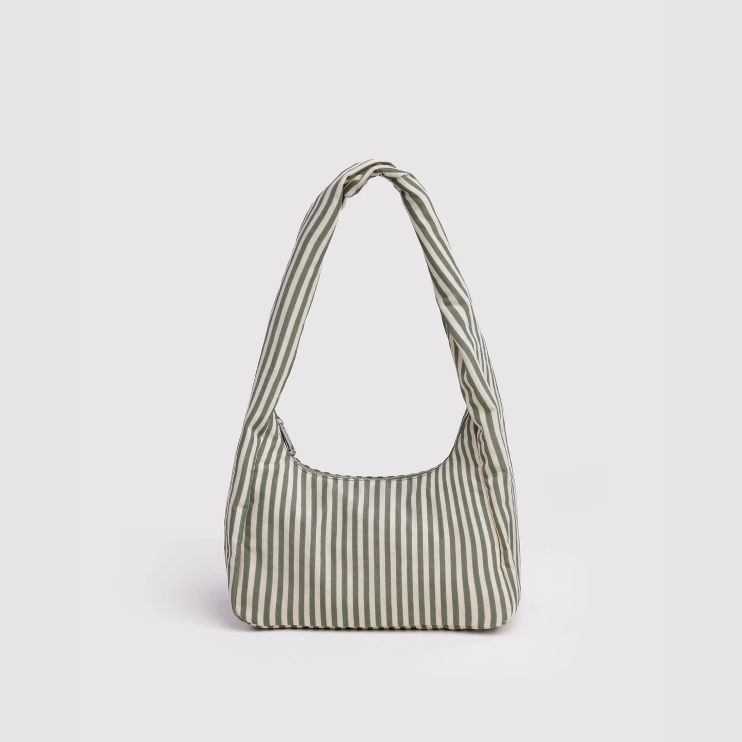 Small nylon meringue shoulder bag, sage green and white vertical stripes