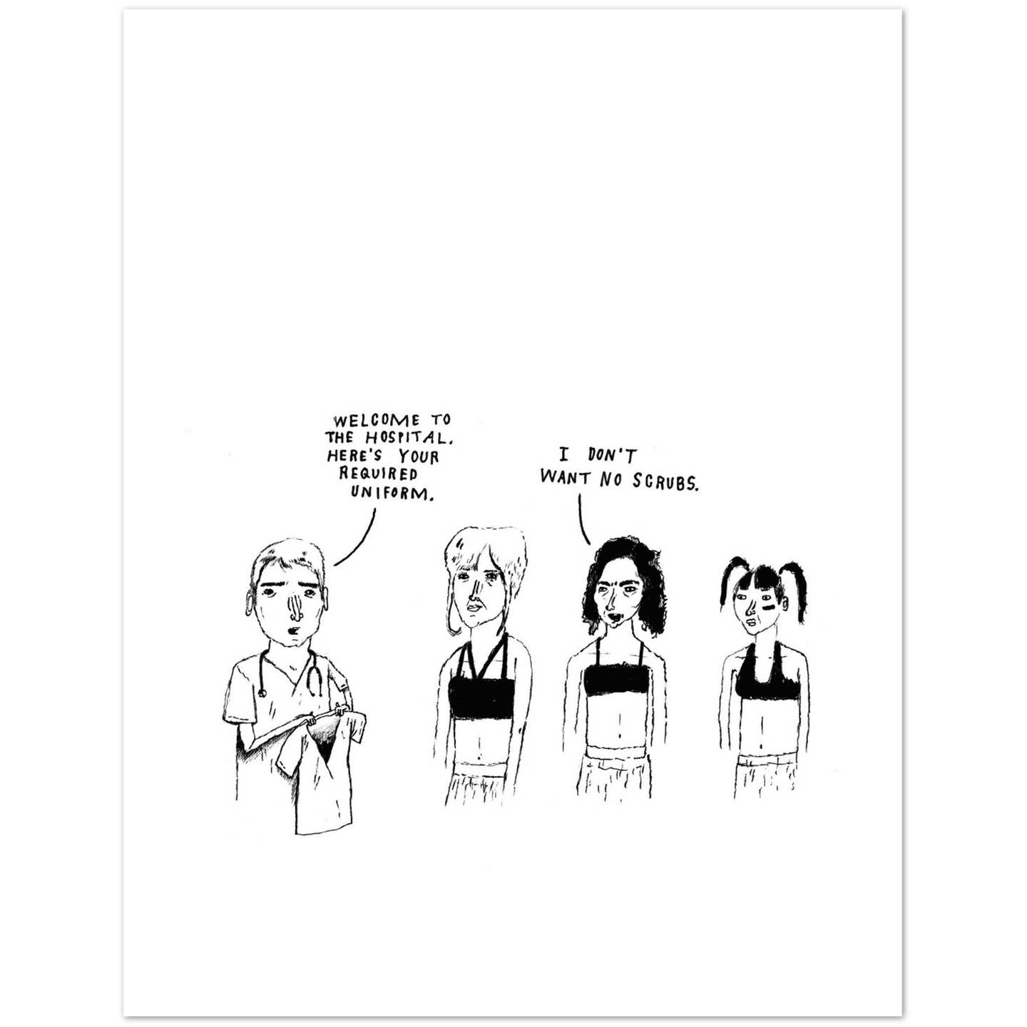 Graphic poster print with illustrated scrubs uniforms and speech-bubble text